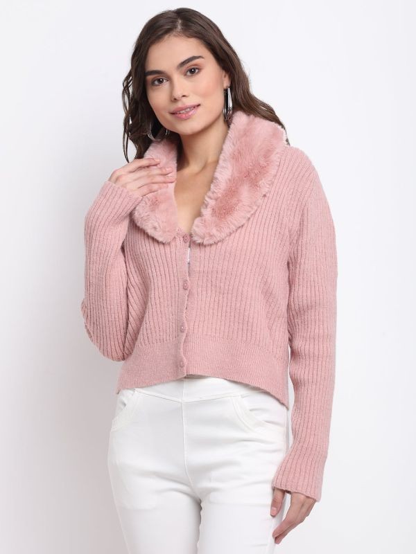 Global Republic WOMEN PINK COLLARED SOLID KNIT CARDIGAN