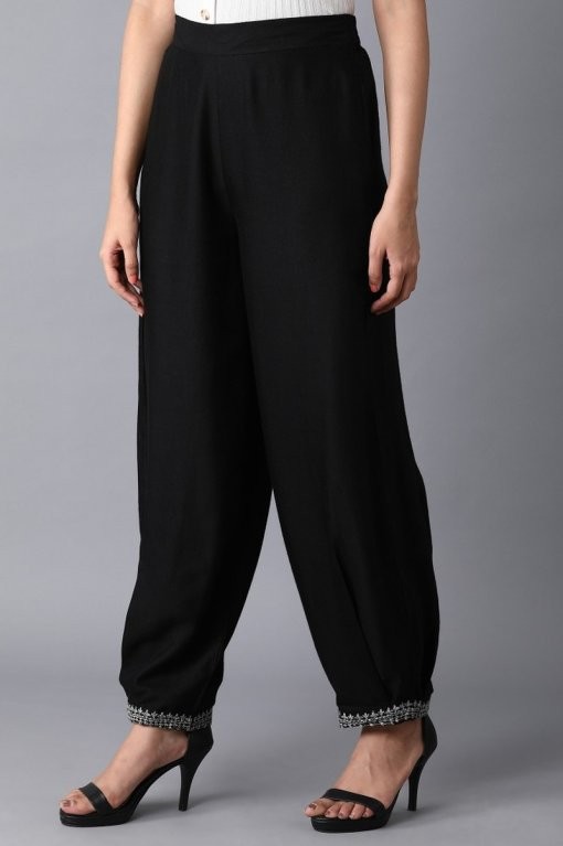 W Jet Black Embroidered Carrot Pants