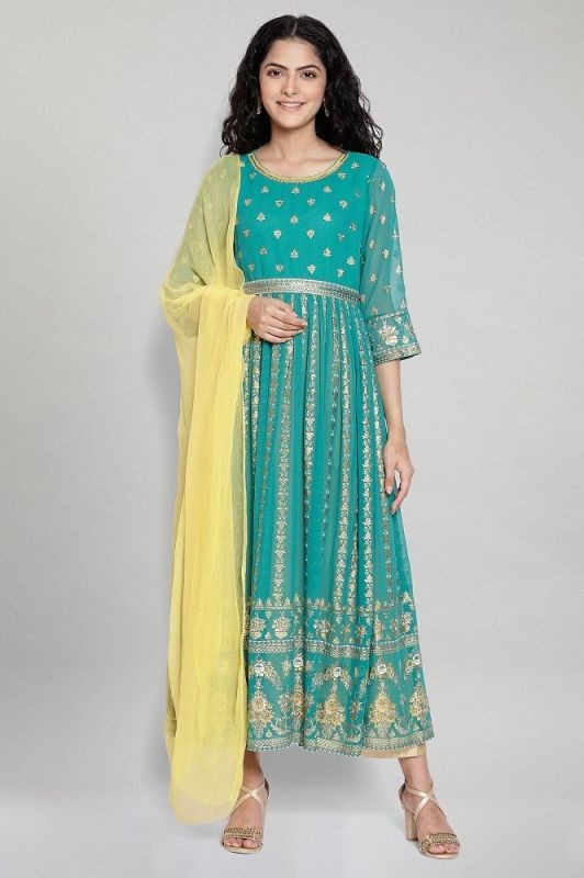 Aurelia Green Printed Ethnic Dress Dupatta Set