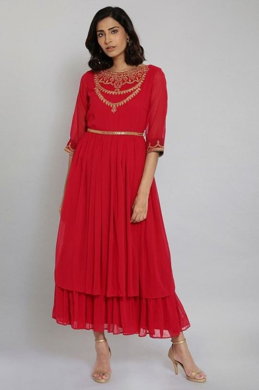 W Red Embroidered Tiered Dress