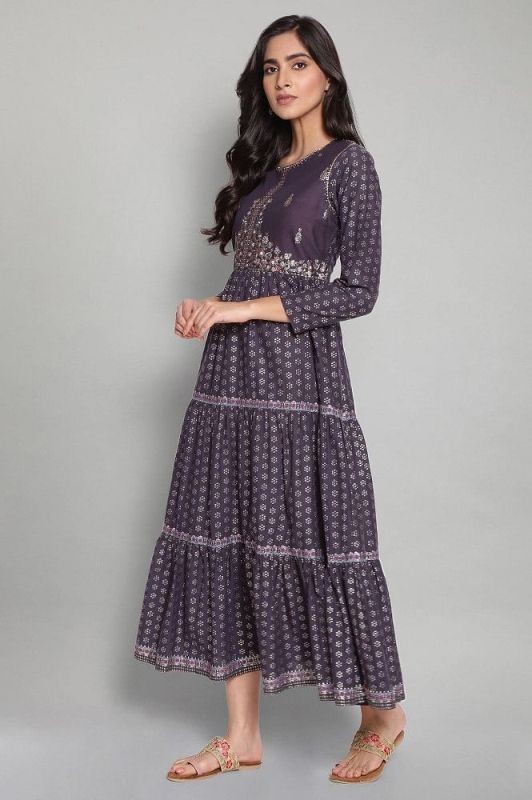 W Navy Blue Printed Dress with Embroidery