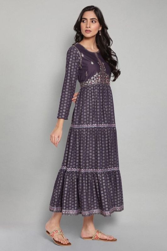 W Navy Blue Printed Dress with Embroidery