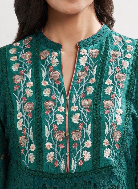 Lakshita Pine Green Racheal Net Kurta With Embroidery