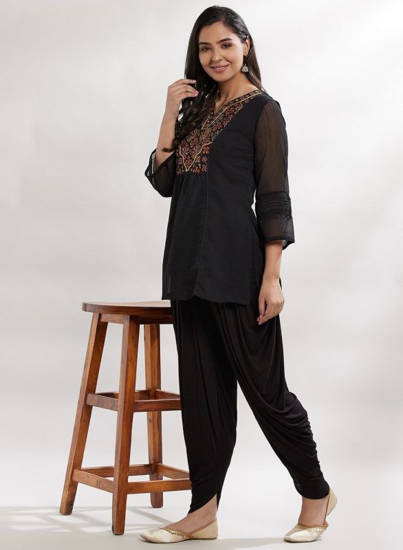 Lakshita Charcoal Black Embroidered Tunic With Flared Sleeve