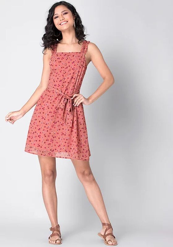 Faballey Coral Strappy Belted Ruffle Dress