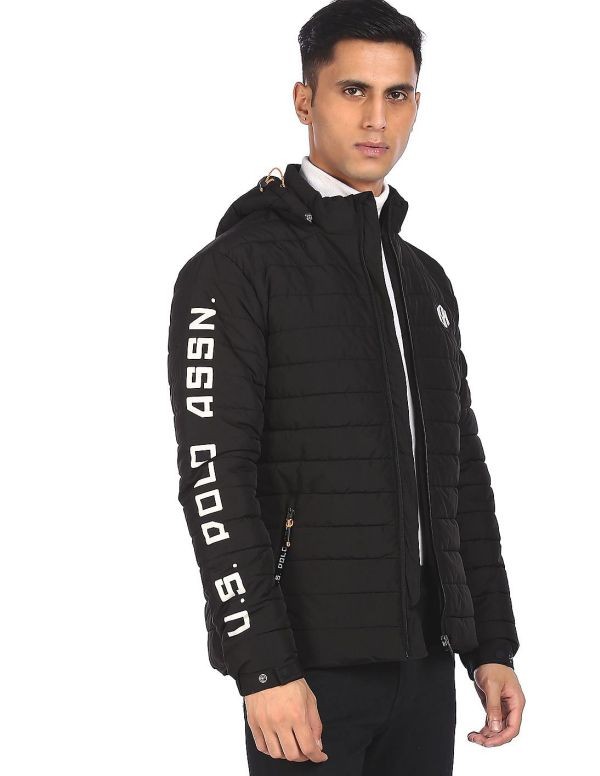 U.S. POLO ASSN. DENIM CO.Men Black Brand Print Detachable Hooded Jacket