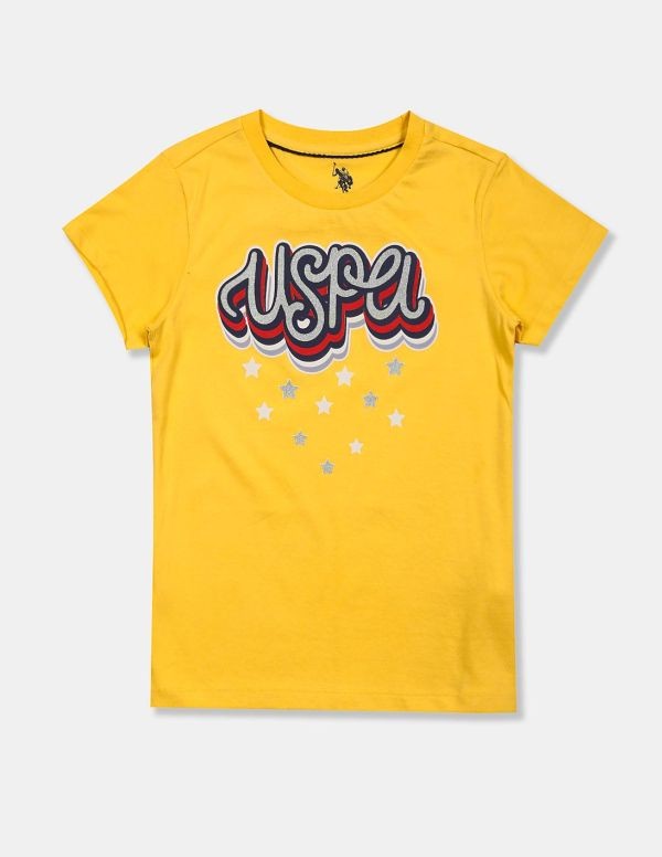 U.S. POLO ASSN. KIDSGirls Yellow Round Neck Brand Print T-Shirt