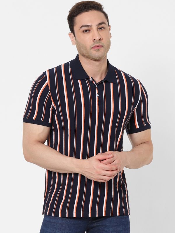 Celio Navy Striped Polo T-Shirt