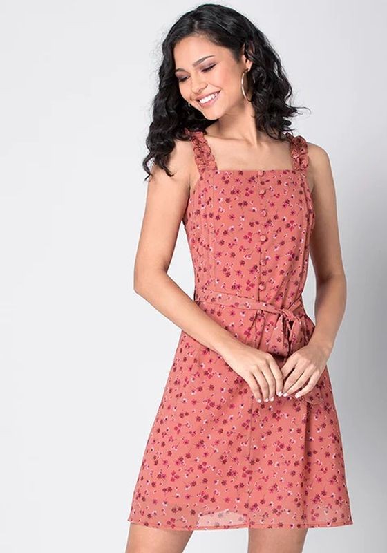 Faballey Coral Strappy Belted Ruffle Dress