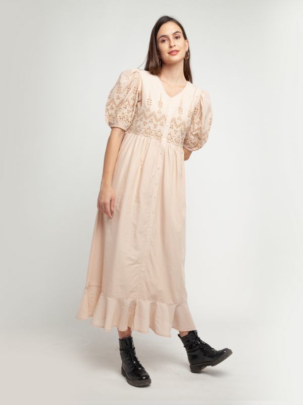 Zink London Beige Embroidered Shirt Dress Maxi Dress For Women