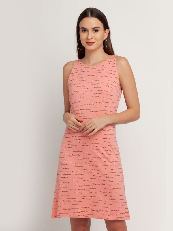 Zink London Peach Printed Sleeveless Short Dress For Women