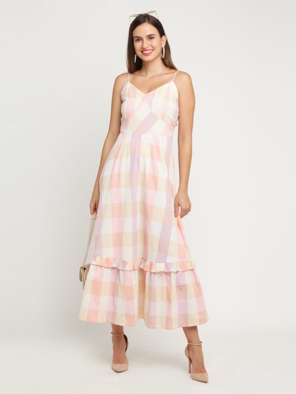 Zink London Multicolored Checked Tiered Maxi Dress For Women