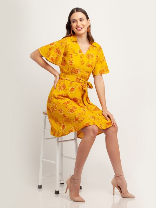 Zink London Yellow Printed Shirt Dress For Women