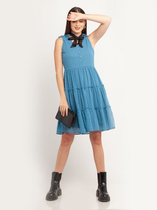Zink London Blue Solid Tiered Short Dress For Women
