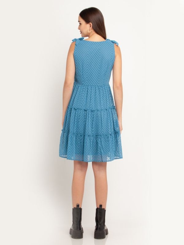 Zink London Blue Solid Tiered Short Dress For Women