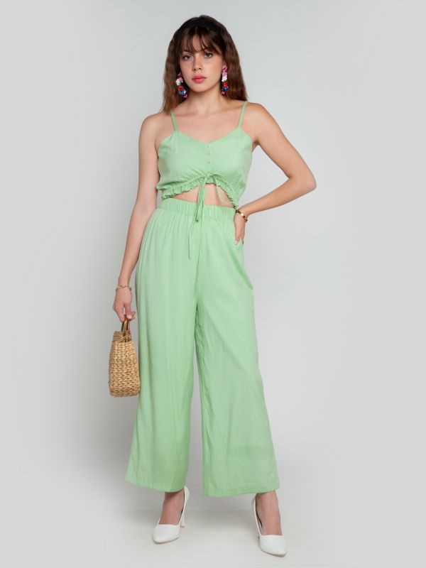 Zink London Green Solid Tie-Up Jumpsuit For Women