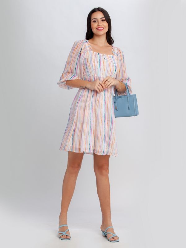 Zink London Off White Printed Puff Sleeve Short Dress For Women