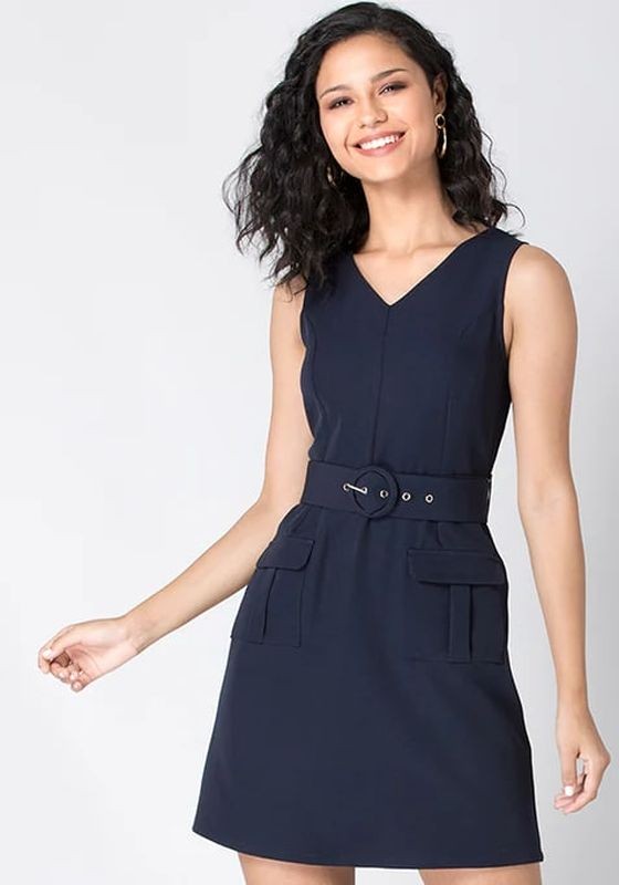 Faballey Navy Solid Belted A-Line Dress
