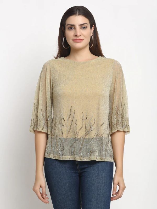 GLOBAL REPUBLIC WOMEN GOLD ROUND NECK SOLID TOP
