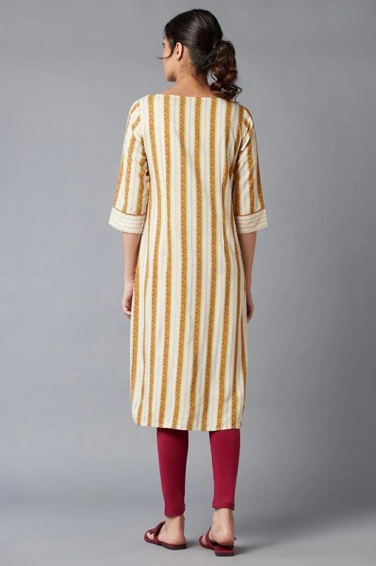 W Ecru And Yellow Floral Print Kurta With Thread Embroidery