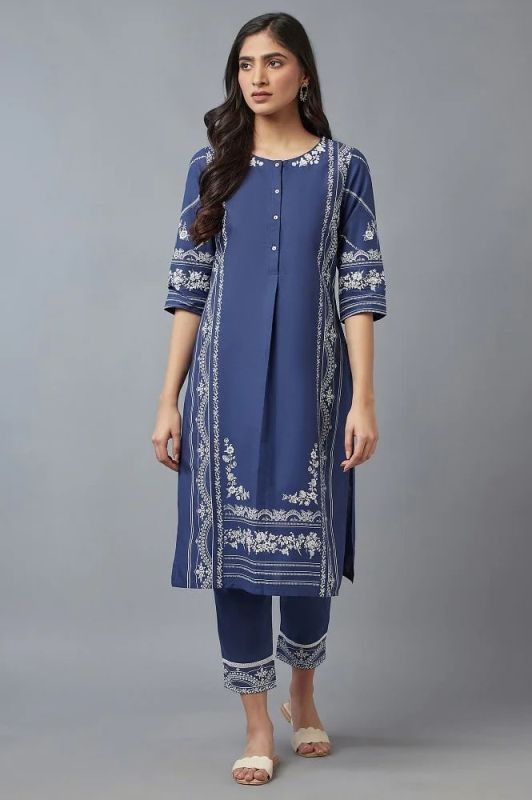 W Navy Blue Floral Printed Kurta with Parallel Pants