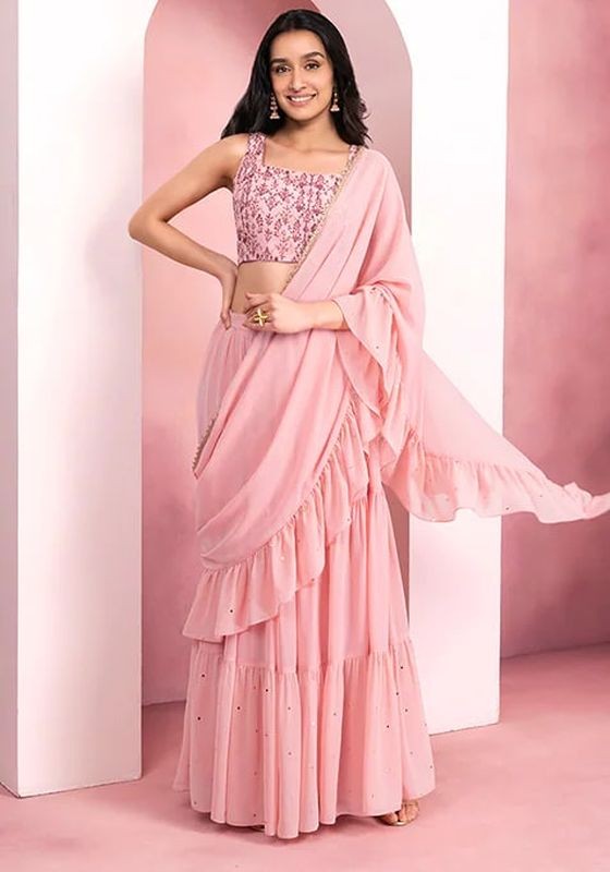 Indya Pink Foil Skirt with Attached Ruffled Dupatta