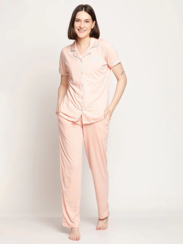 MSecret Heart Print Peach Night Suit For Women