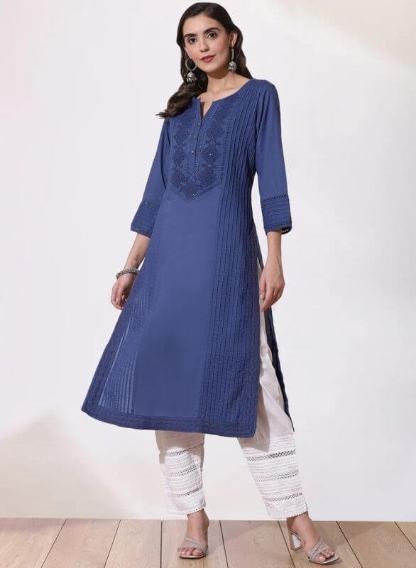 Lakshita Navy Blue Embroidered Phool Collection Kurta with Pin Tuck Details