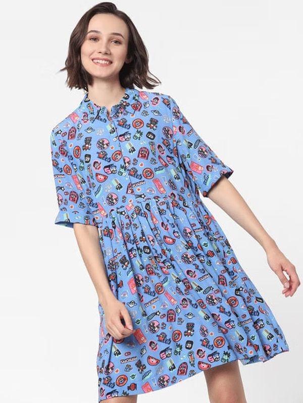 ONLY X MINIONS BLUE GRAPHIC PRINT FIT & FLARE DRESS
