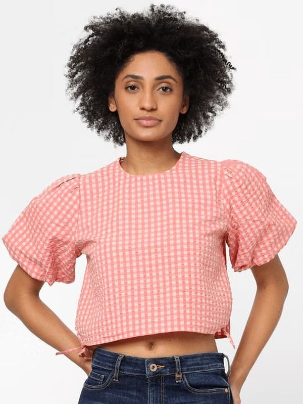 ONLY PINK GINGHAM CHECK CROP TOP