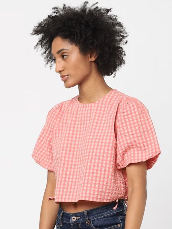 ONLY PINK GINGHAM CHECK CROP TOP