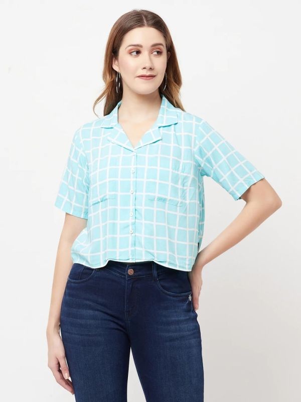 CRIMSOUNE CLUB MINT-GREEN GRAPH CHECKED CROPPED TOP