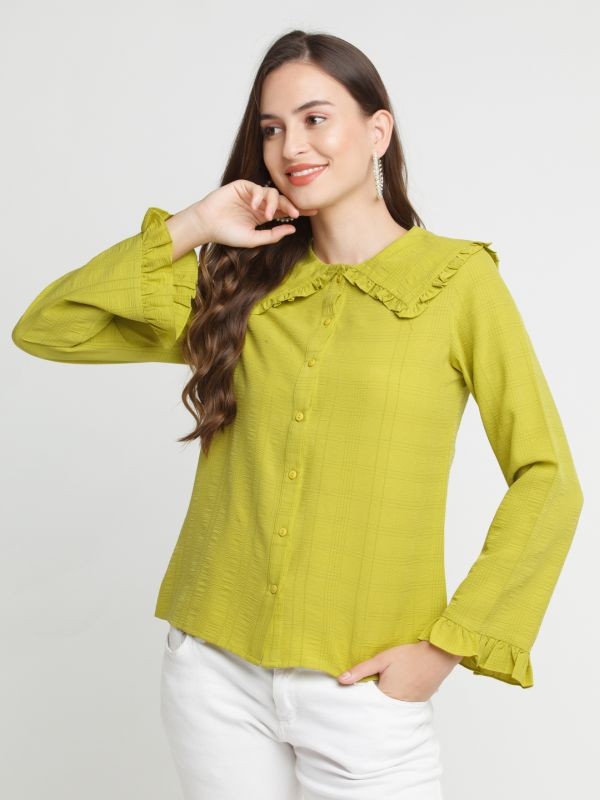 Zink London Green Solid Flared Sleeve Shirt For Women