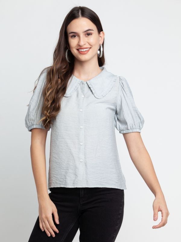 Zink London Grey Solid Pleated Shirt For Women