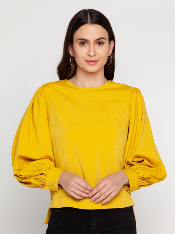 Zink London Mustard Solid Puff Sleeve Top For Women